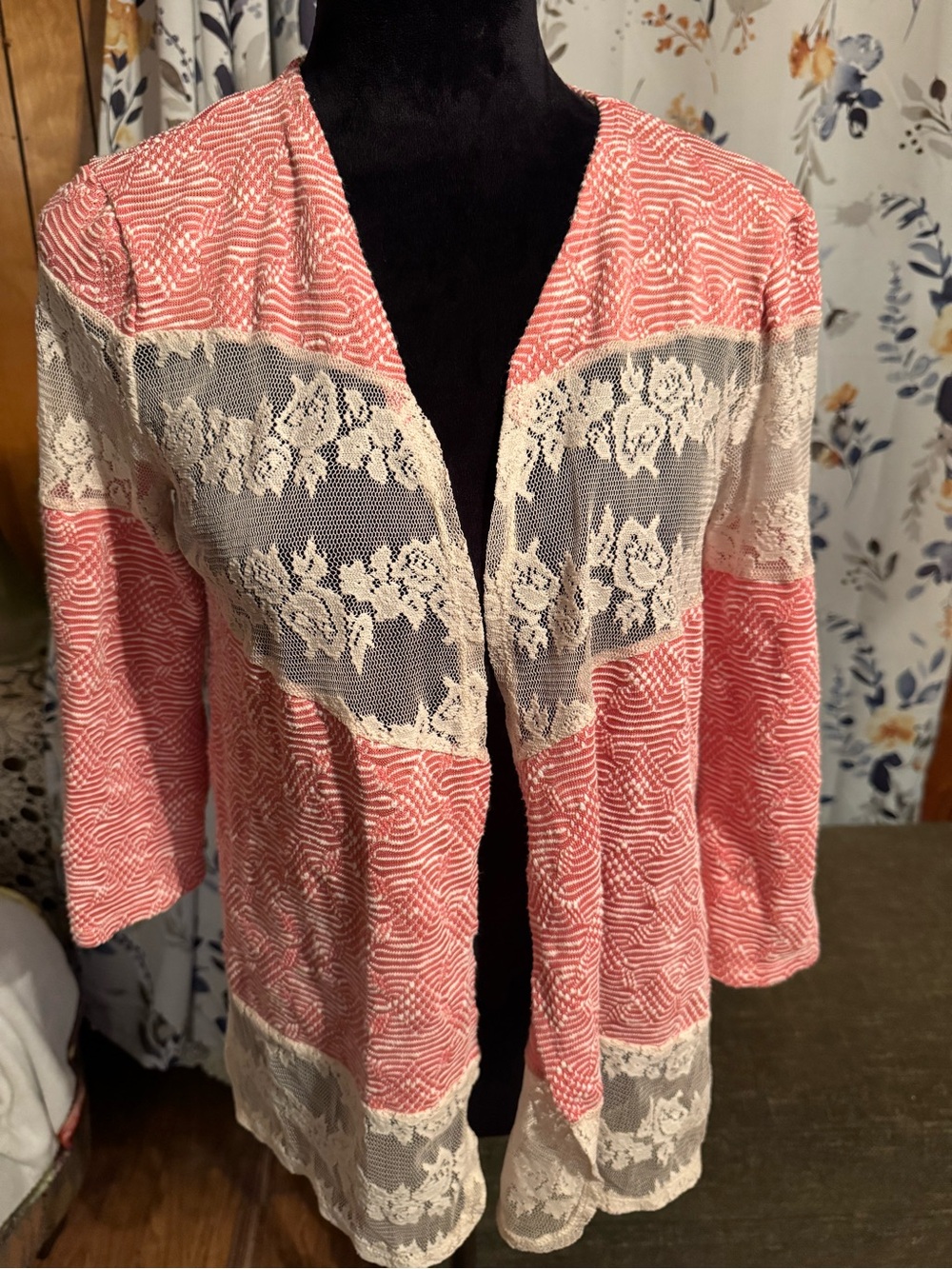 Coral Lace-Trim Open Front Cardigan